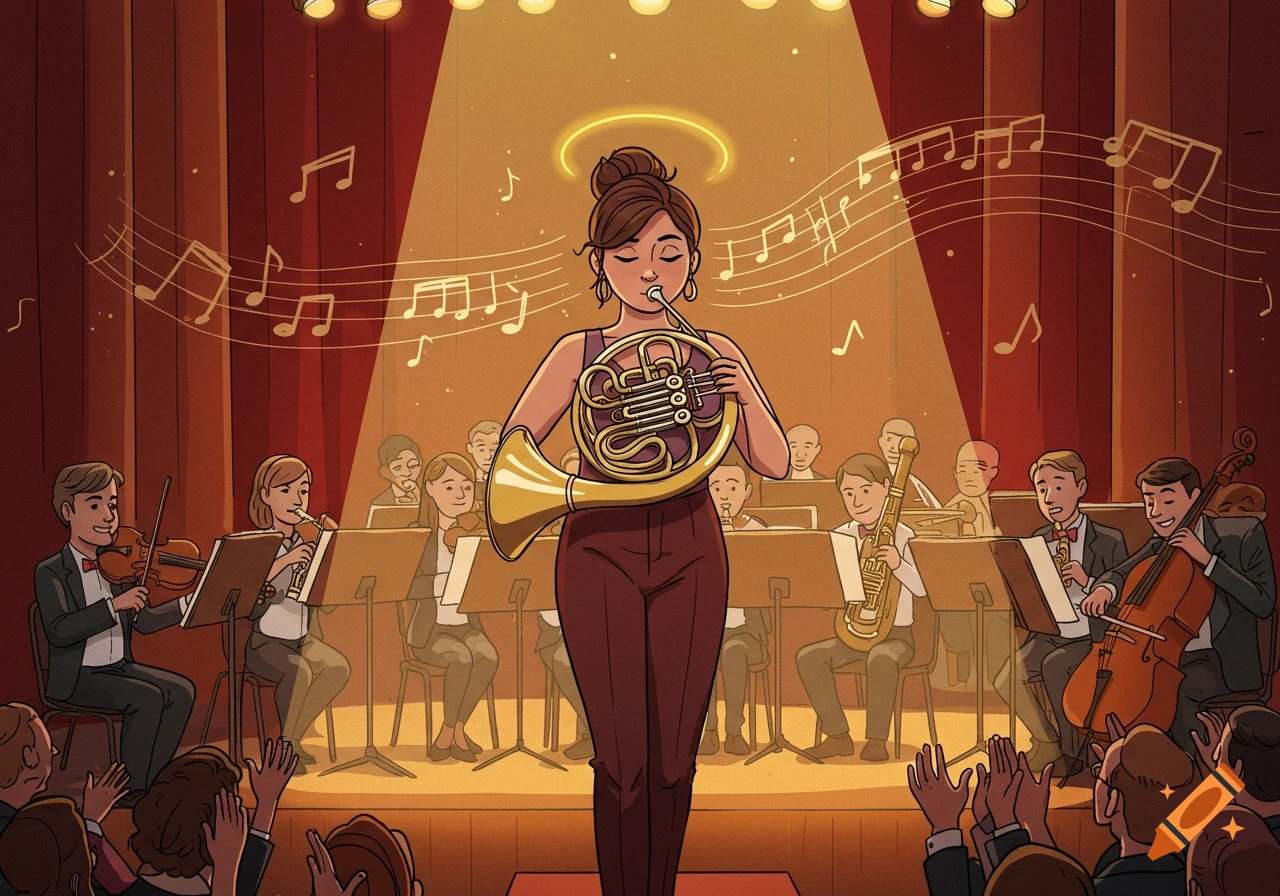 A comic-style illustration of a woman playing a French horn on stage, accompanied by an orchestra and an applauding audience.