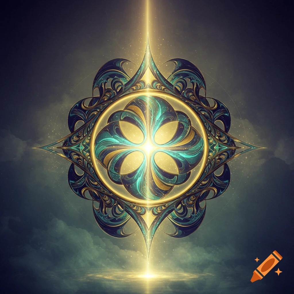 Ornate glowing golden and teal abstract symbol radiating light on a dark, cloudy background.
