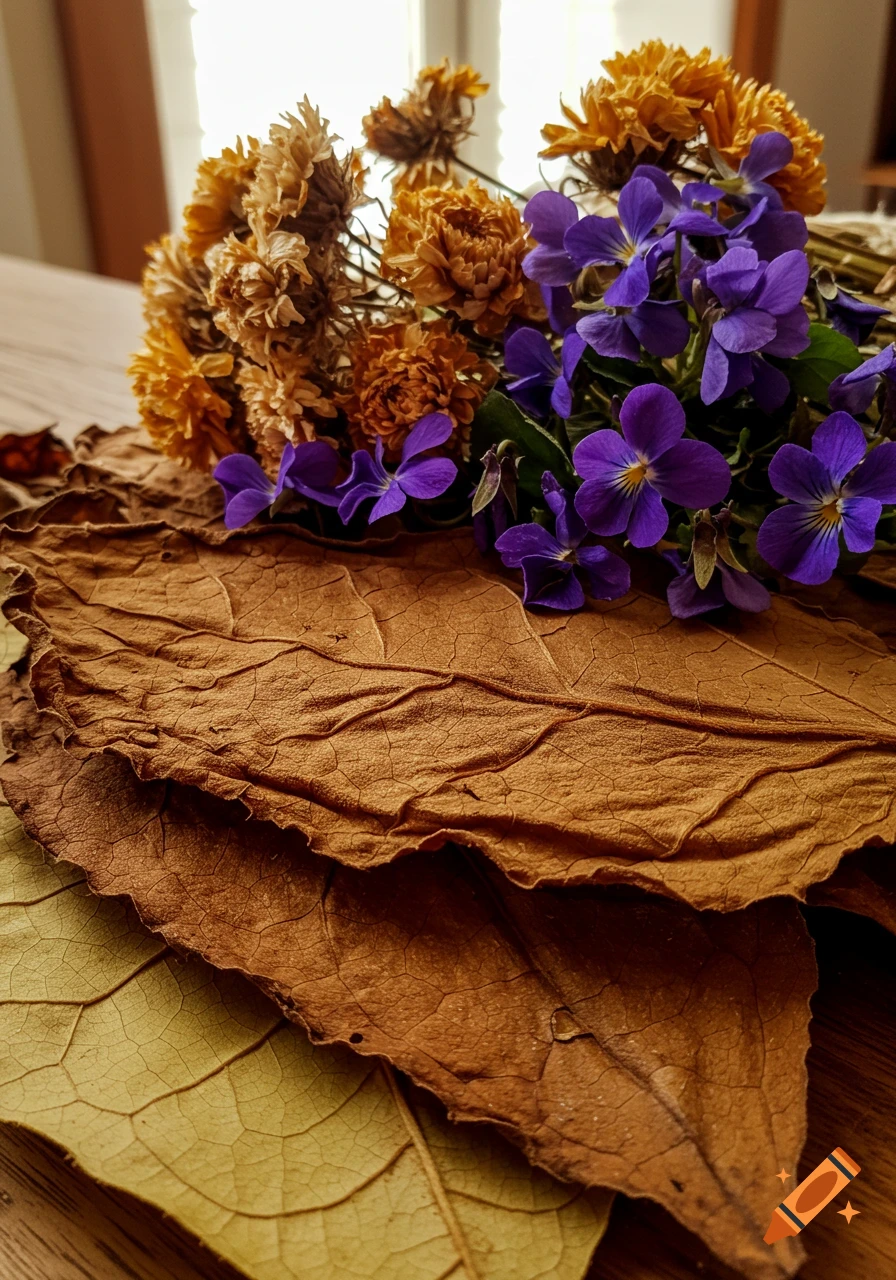 A bouquet of dried yellow flowers and vibrant purple violets resting on textured brown and green dried leaves on a wooden surface.
