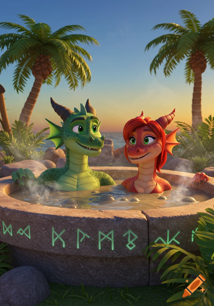 A green male and a red female cartoon dragon relax happily in a steaming stone hot tub on a tropical beach at sunset.