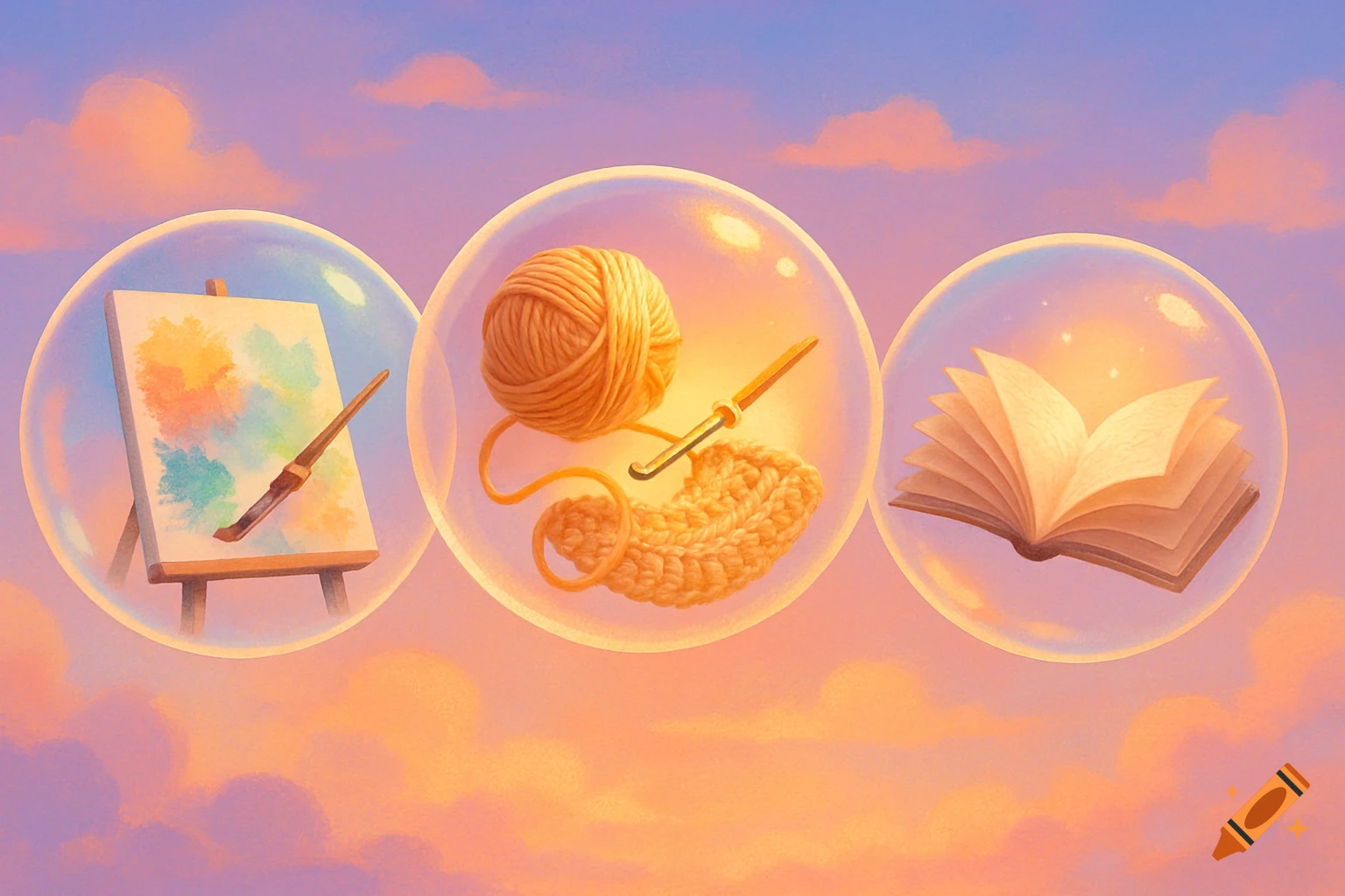 Dreamy illustration of three bubbles with hobbies: an easel, yarn with a crochet hook, and an open book, against a sunset sky.