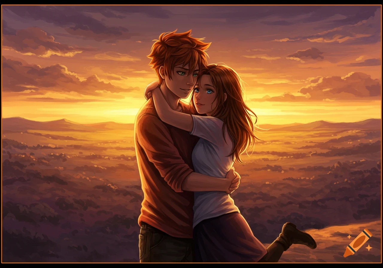 Anime couple with orange-haired guy and brown-haired girl embracing on a cliff overlooking a golden sunset landscape.