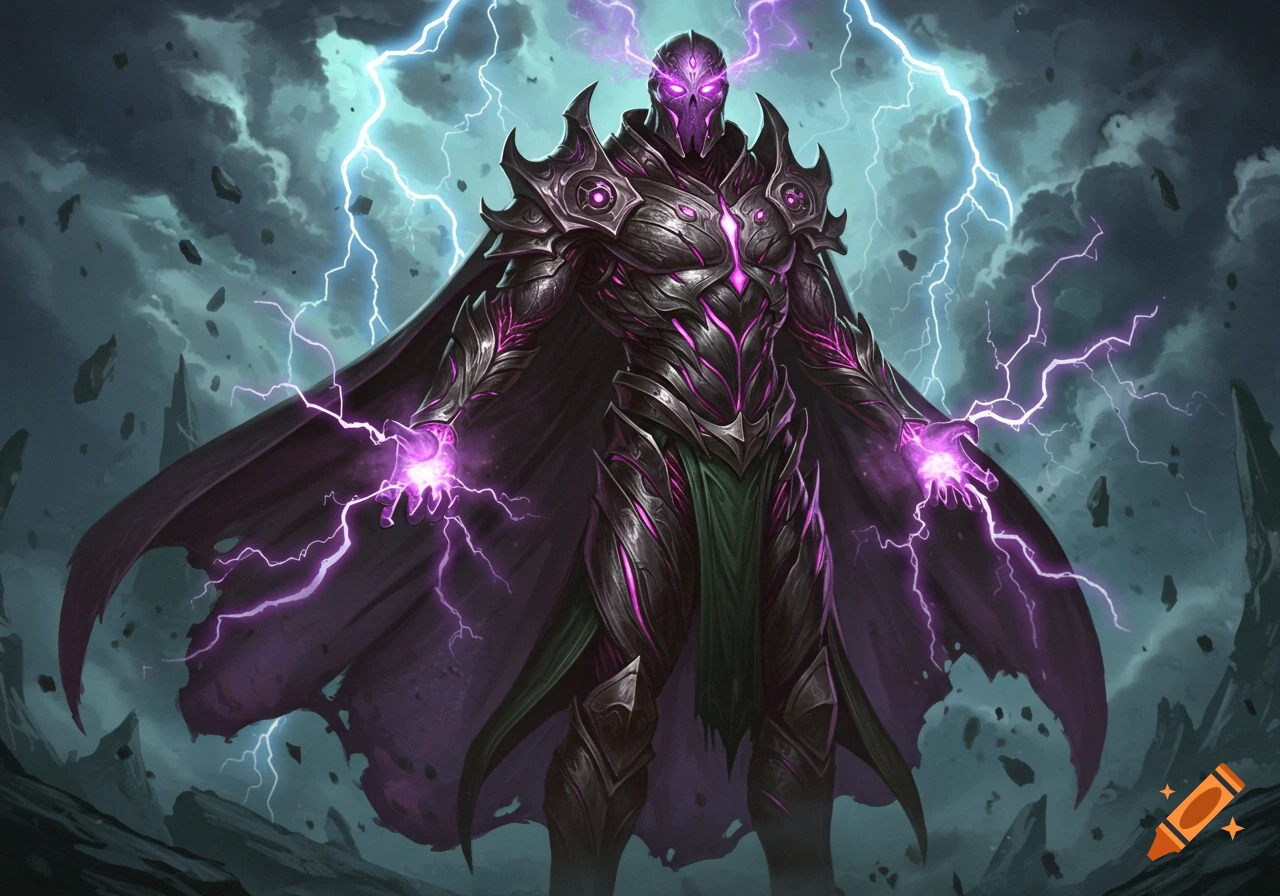An armored figure in black and purple with a cape, casting purple lightning from its hands, stands against a stormy, lightning-filled sky.