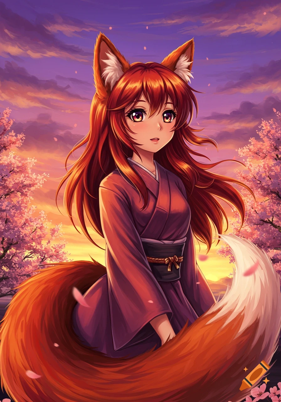 Anime red fox girl with red hair, fox ears, and a large bushy tail, wearing a purple kimono amidst cherry blossoms at sunset.