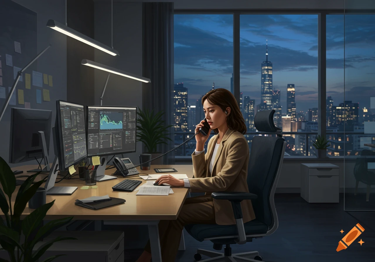 A professional woman talks on a landline phone while working at a desk with dual monitors overlooking a city skyline at dusk.