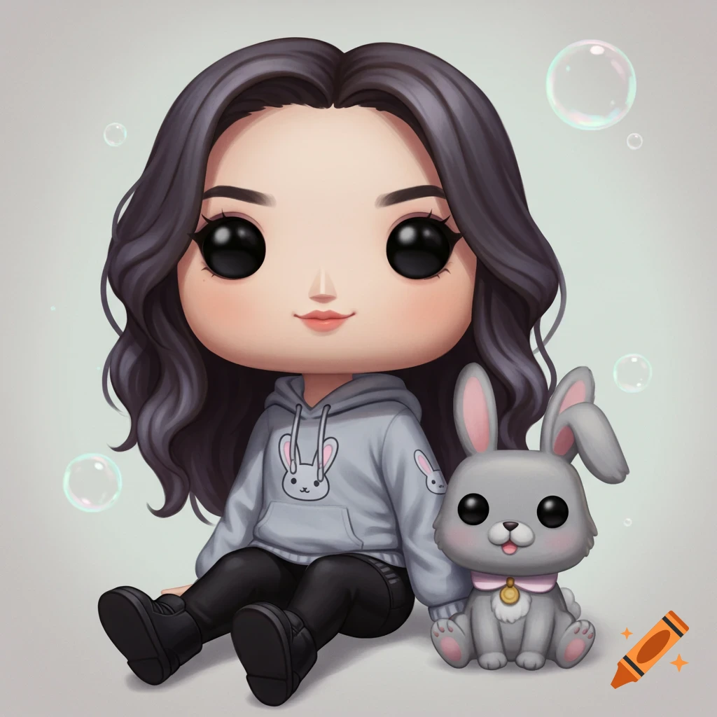 A stylized Funko Pop girl with dark wavy hair in a bunny-print hoodie sits next to a grey Funko Pop bunny with a collar.
