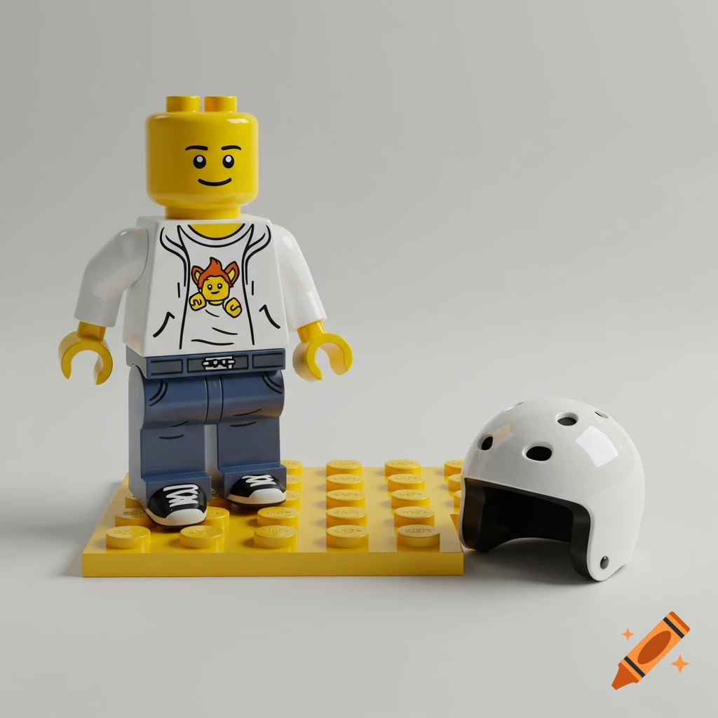 A Lego minifigure with a white shirt and blue pants stands on a yellow baseplate next to a white BMX helmet.