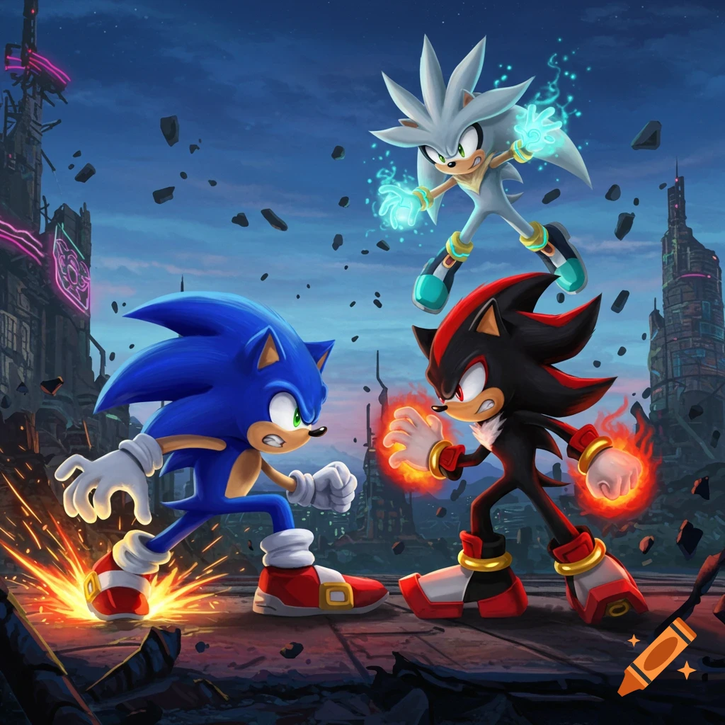 Sonic, Shadow, and Silver confront each other in a ruined futuristic city under a twilight sky.