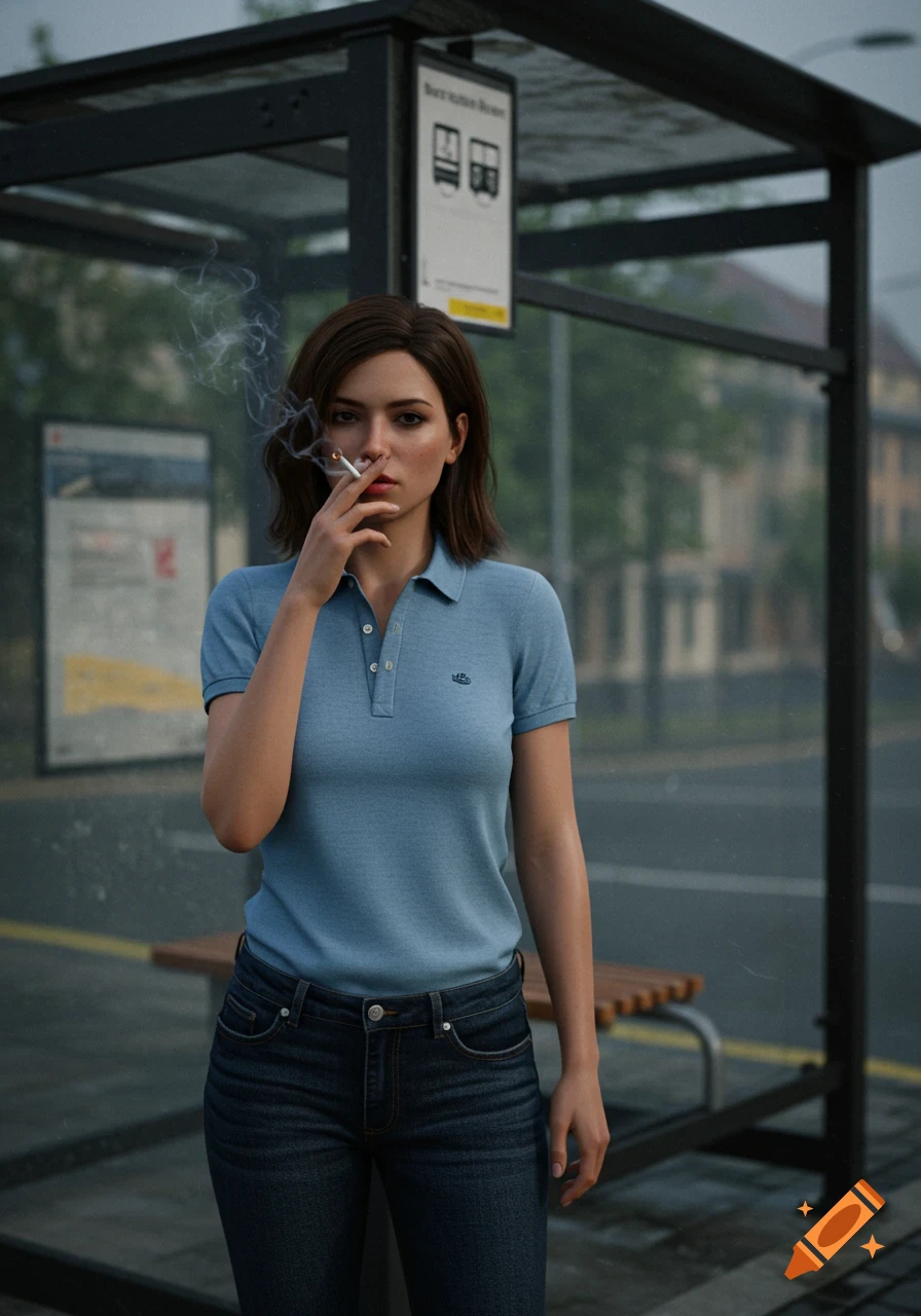 Hyperrealistic portrait of a woman with brown hair standing at a bus stop, smoking a cigarette. She wears a light blue polo shirt and dark jeans. Smoke billows from her mouth. An overcast urban background shows a bus stop shelter with a sign.