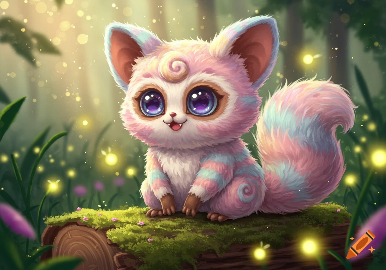 A cute, fluffy, pastel-colored creature with big purple eyes sits on a mossy log in a glowing magical forest with fireflies.