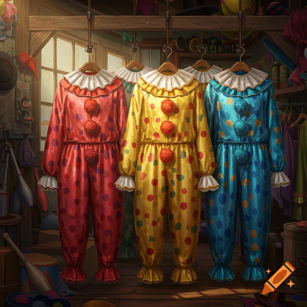 Three colorful polka-dotted clown suits, red, yellow, and blue, hang on hangers in a rustic costume shop.