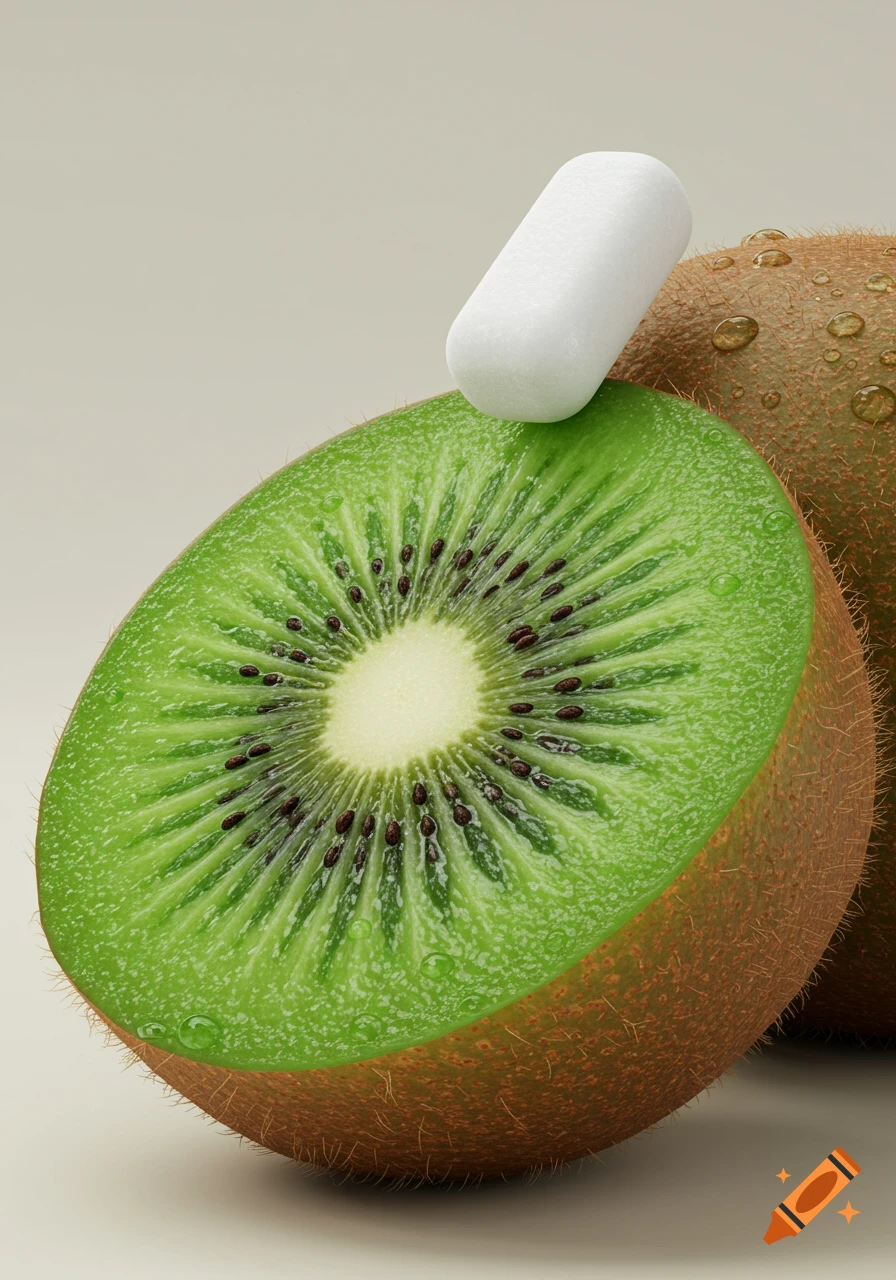 A close-up, photorealistic image of a halved kiwi fruit with a white oblong tic tac resting on top, against a light background.