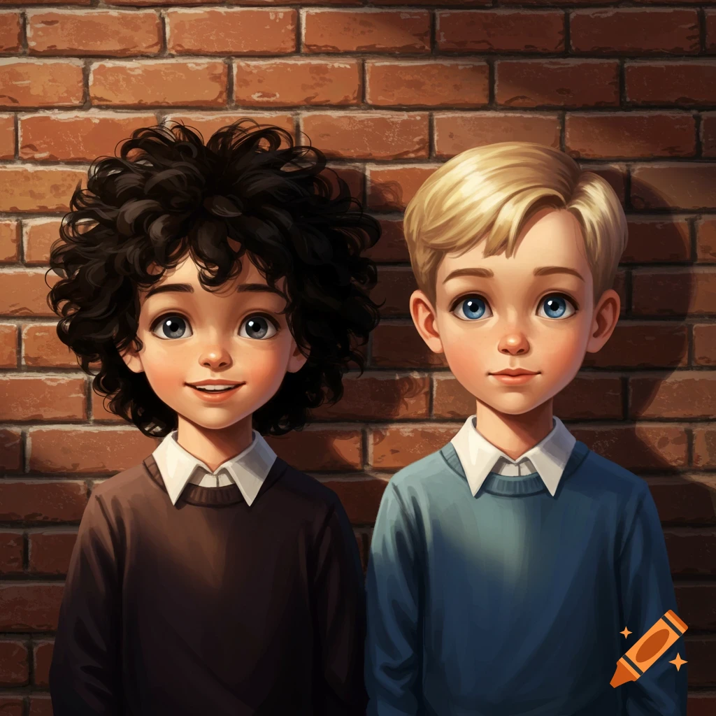 Two smiling cartoon boys, one with black curly hair and one with blond hair, stand against a brick wall.