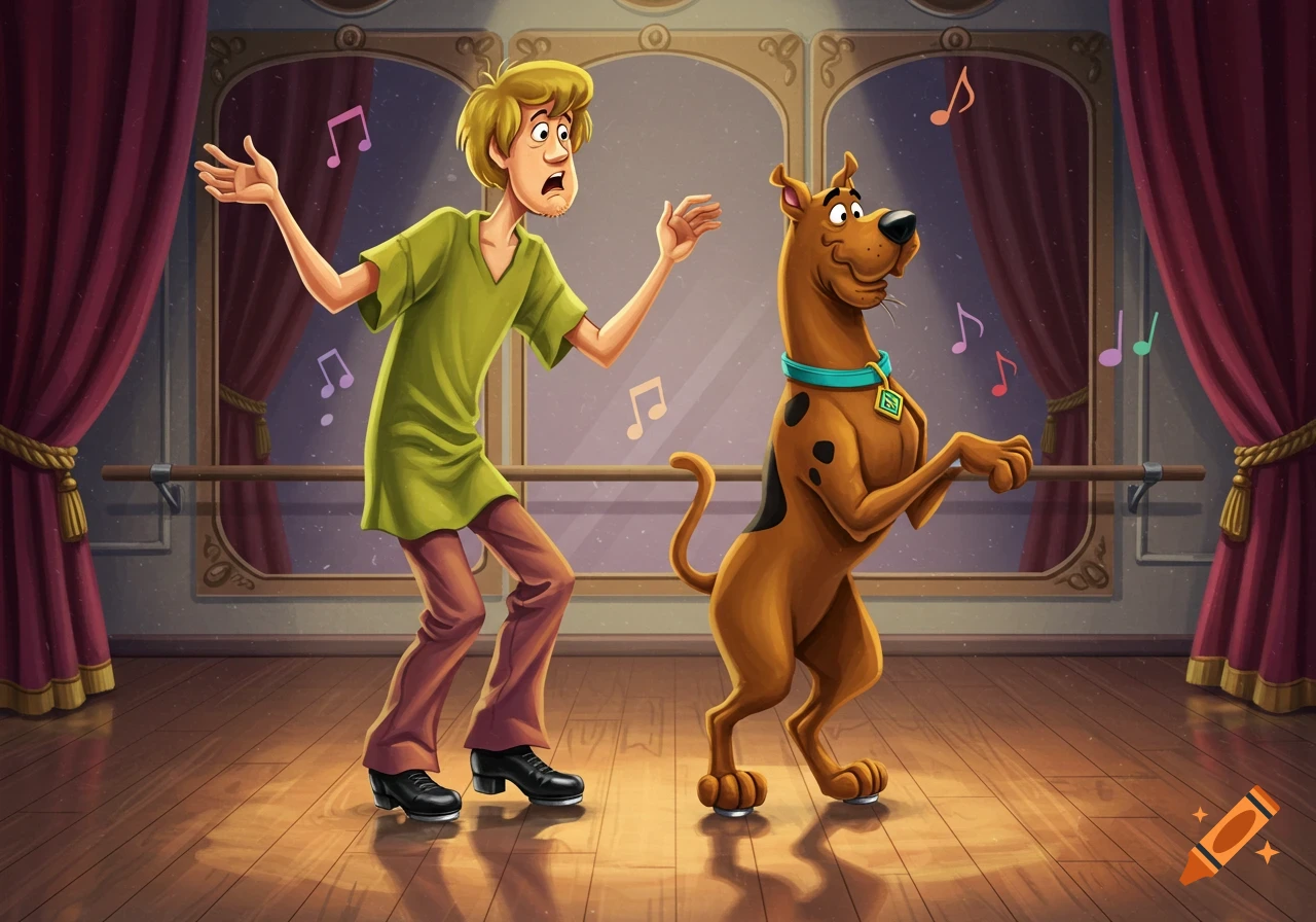 Shaggy and Scooby Doo, wearing tap shoes, dance on a wooden stage with red curtains and mirrors in a cartoon style.