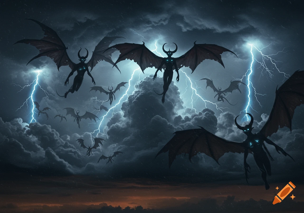 Dark, horned demons with large wings fly through a stormy, lightning-filled sky.