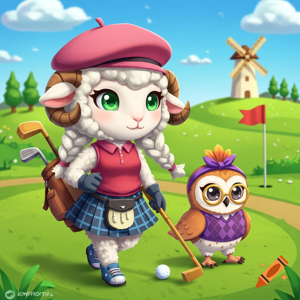 A cute chibi lamb in a golf outfit holds a putter on a golf course, followed by a small owl in glasses. Cartoon style.