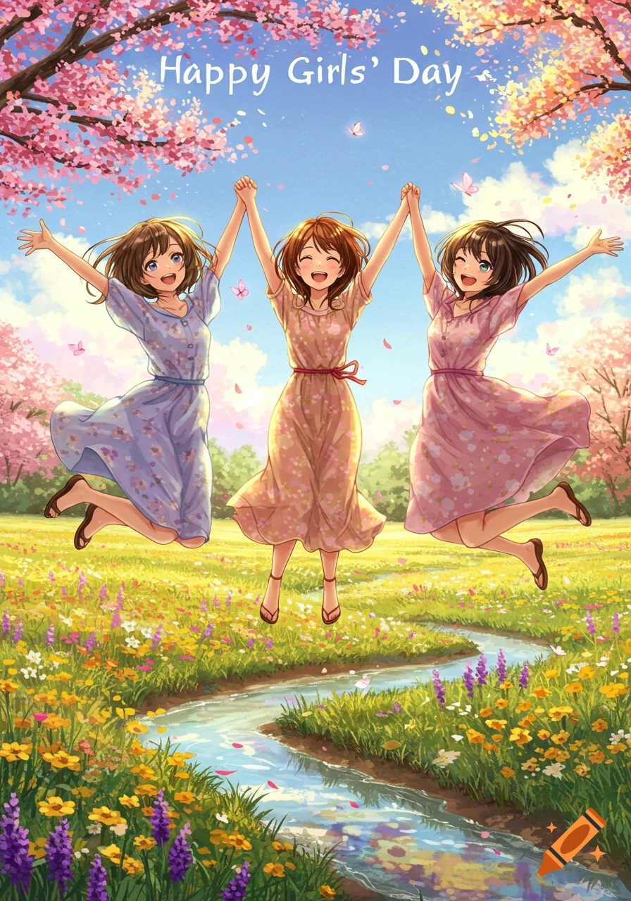 Three cheerful anime girls jump for joy in a vibrant spring field with cherry blossoms, celebrating Happy Girls' Day. Illustration style.