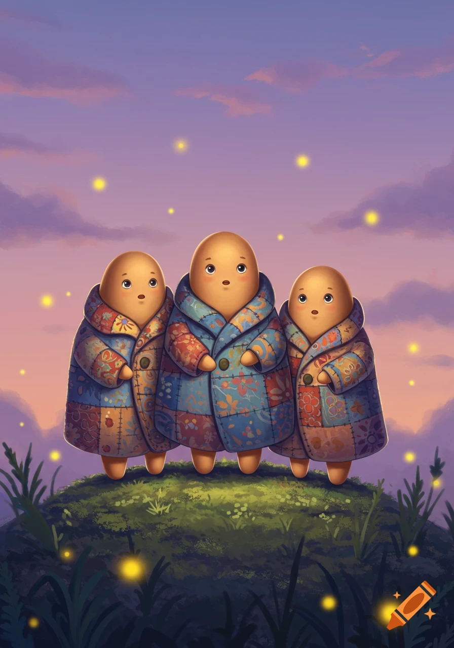 Three whimsical potato-like creatures in colorful patchwork coats stand on a grassy hill at twilight with glowing fireflies, illustration.