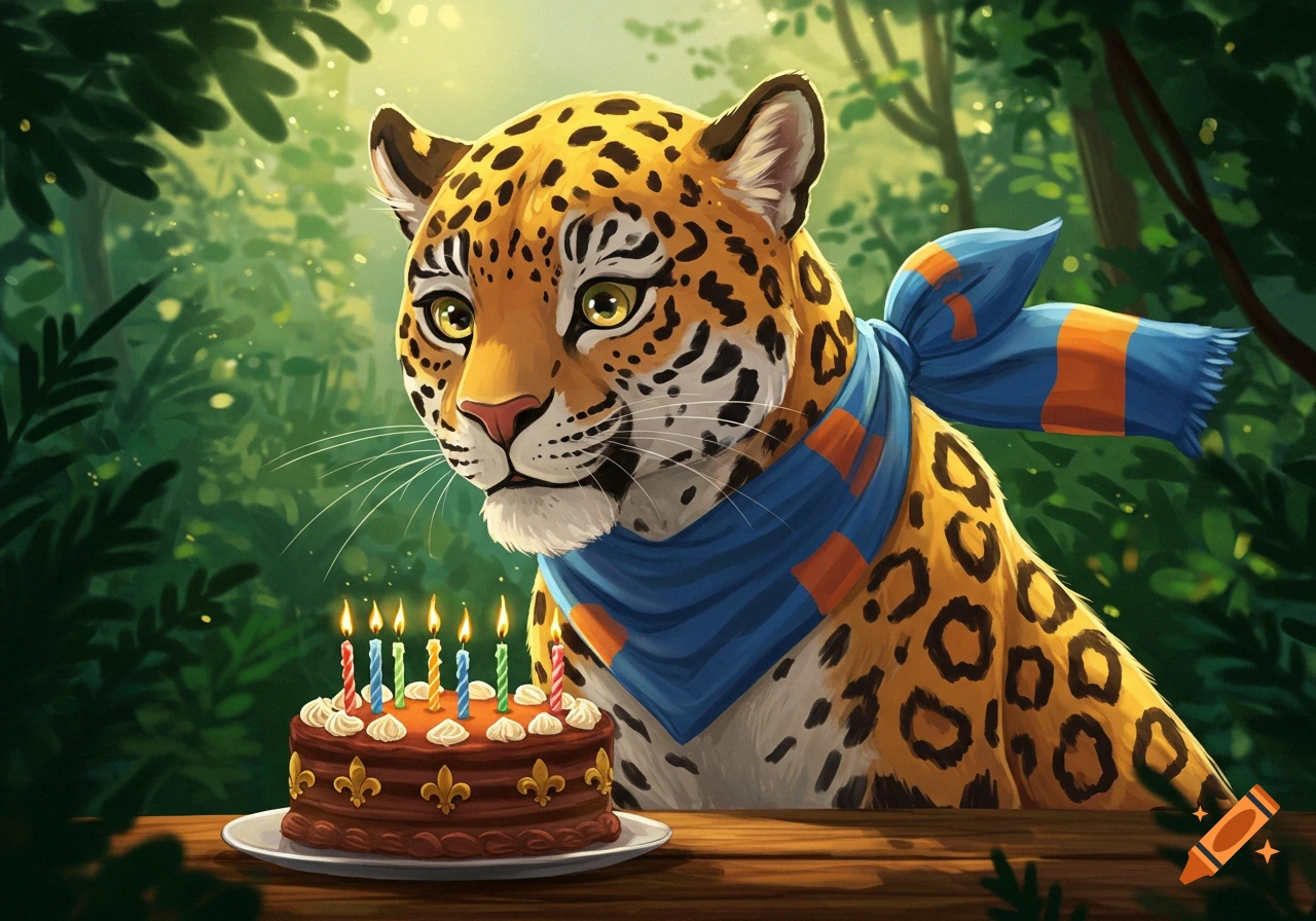 A cartoon jaguar with a blue and orange bandana looks at a chocolate birthday cake with lit candles in a vibrant jungle setting.