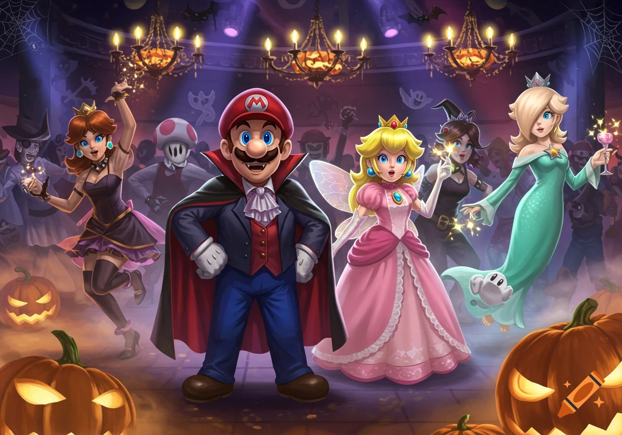 Vibrant digital illustration of Super Mario characters Mario, Peach, Daisy, and Rosalina in Halloween costumes at a party with jack-o'-lanterns.