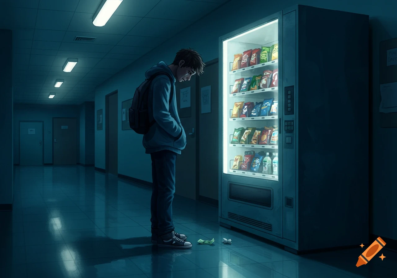 A sad student with a backpack stands in a dimly lit school hallway, looking down at a brightly lit vending machine, with some crumbled money on the floor.
