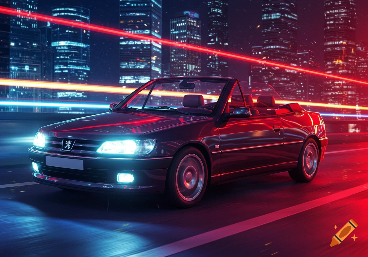 A black Peugeot 306 cabriolet speeds through a futuristic city at night, illuminated by glowing red and blue light trails.
