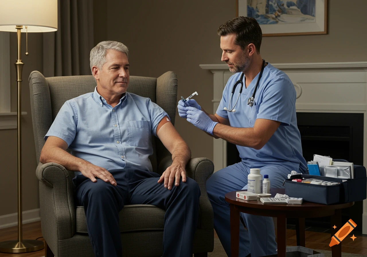 A male nurse in blue scrubs administers an injection to an older male patient seated in an armchair in a home setting.