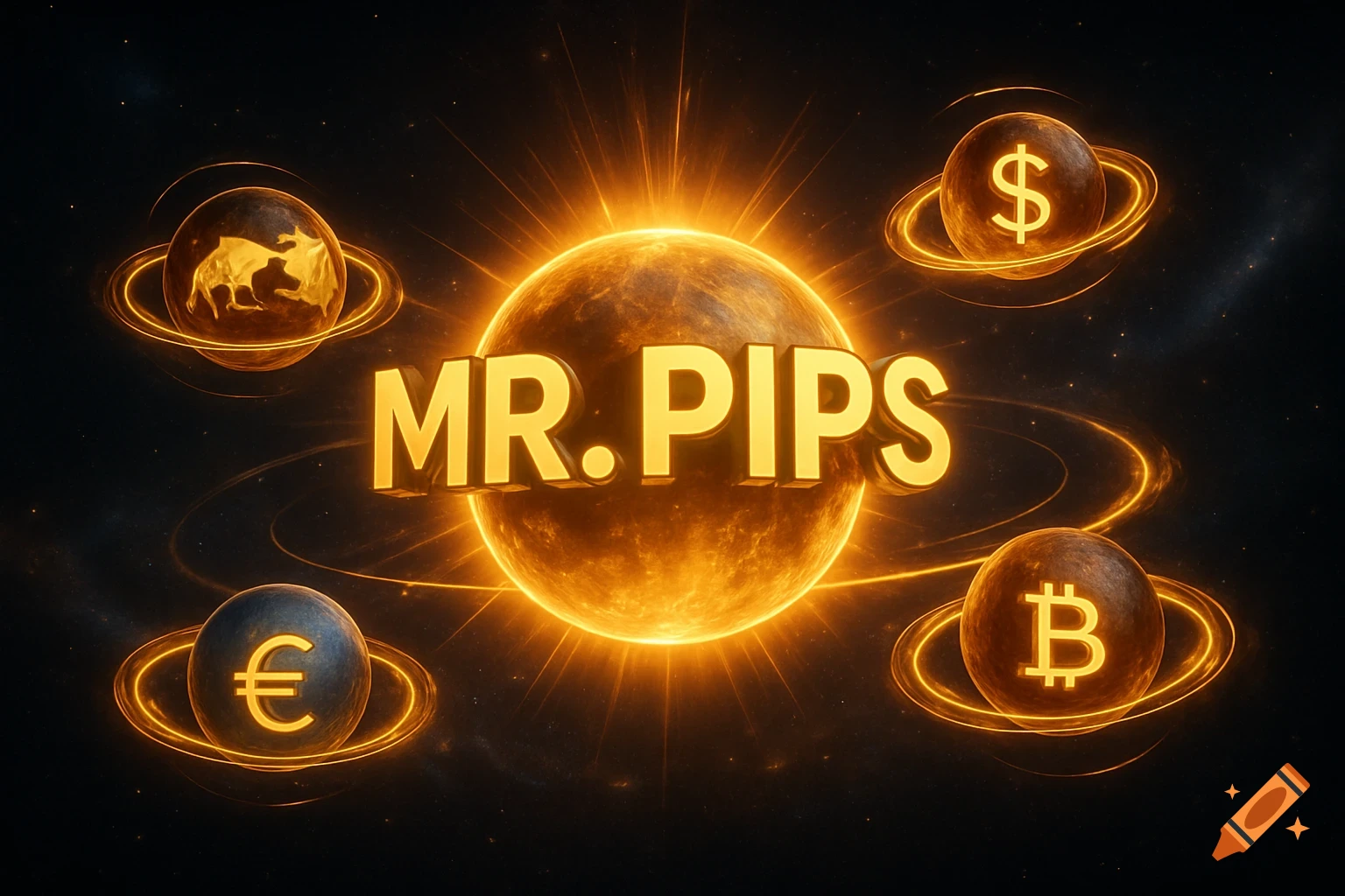 A 3D cinematic logo featuring 'MR. PIPS' on a glowing central planet, orbited by planets with financial symbols in space.