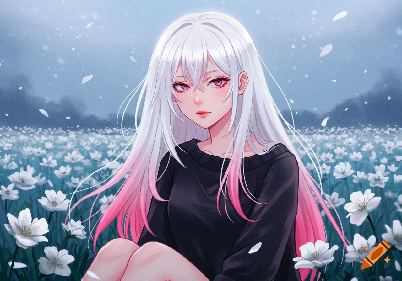 An anime girl with long white hair with pink tips and red eyes sits in a field of white flowers under a hazy blue sky.