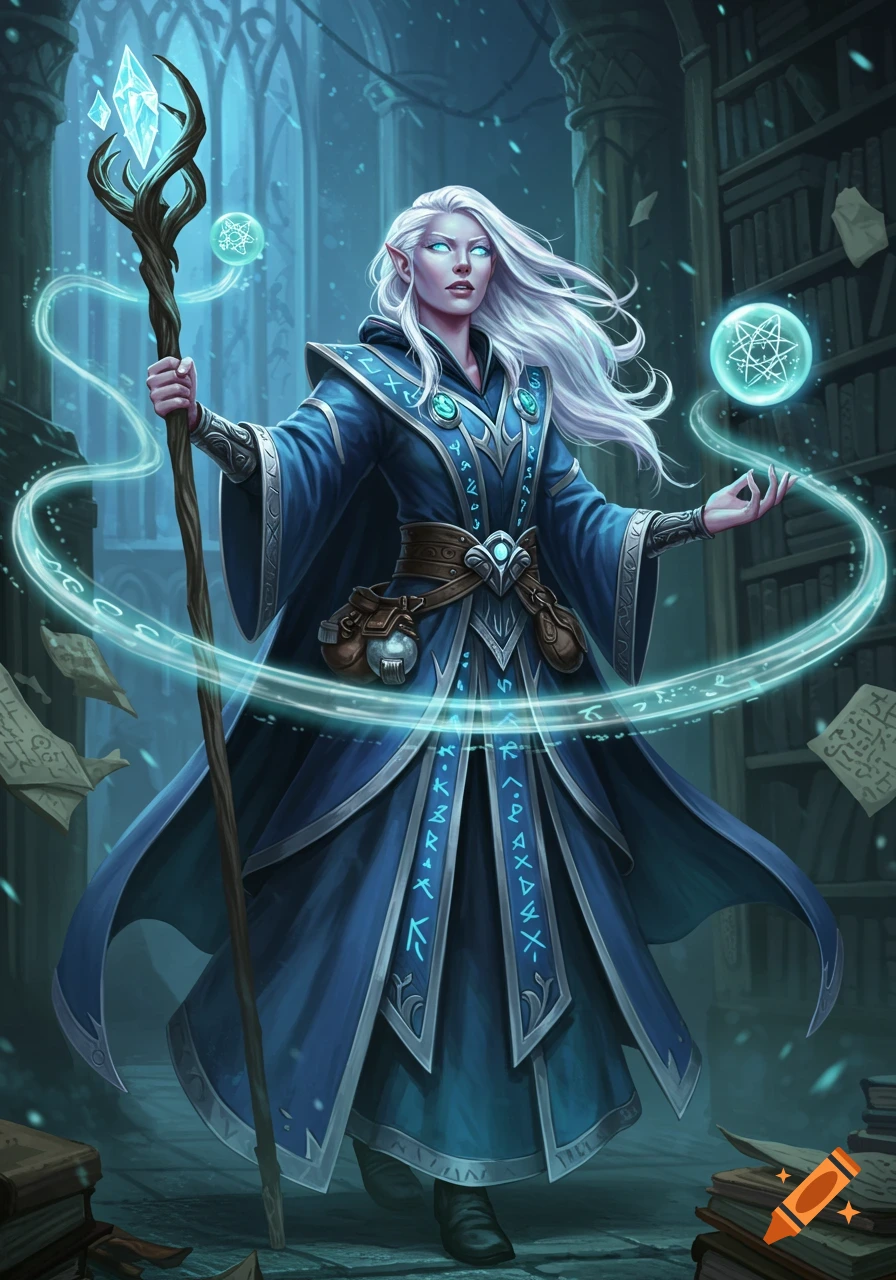 A white-haired, pale-skinned female elf wizard in a blue robe, holding a glowing staff and conjuring magic in a dimly lit library.
