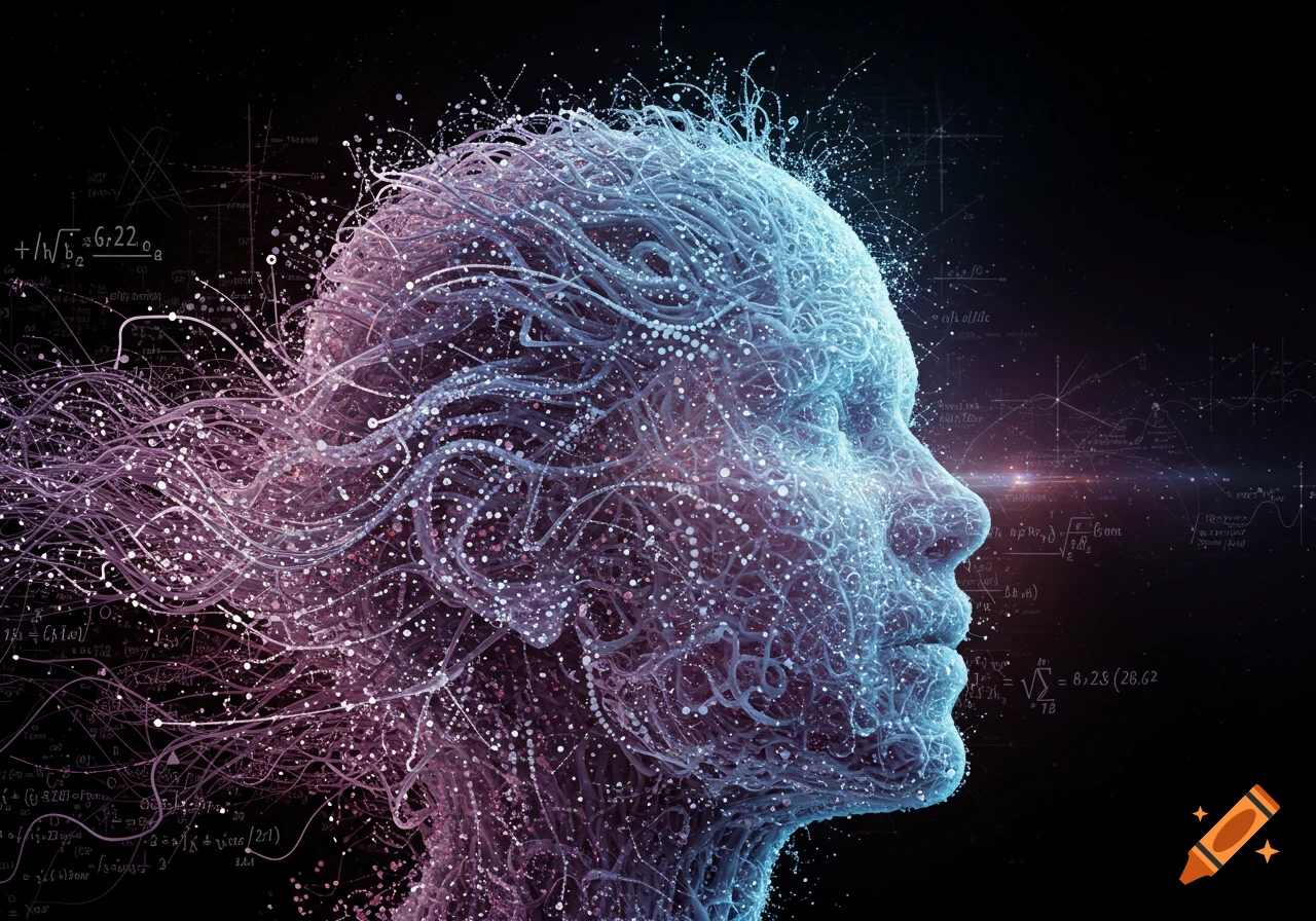 Abstract profile of a human head made of glowing blue and purple lines and particles, with mathematical equations in the background.