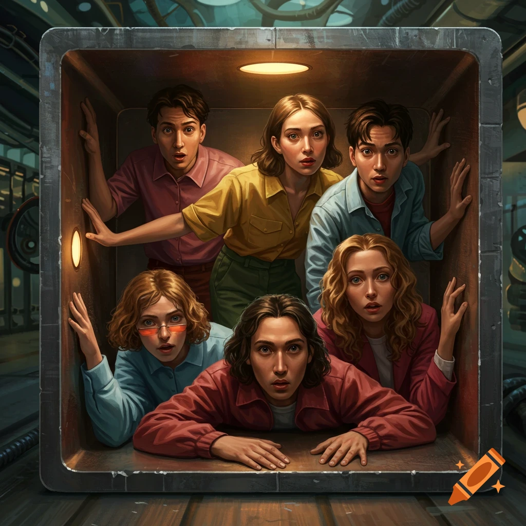 Six people with wide-eyed, concerned expressions are tightly packed into a small, open metal box, rendered in a detailed, illustrative style.