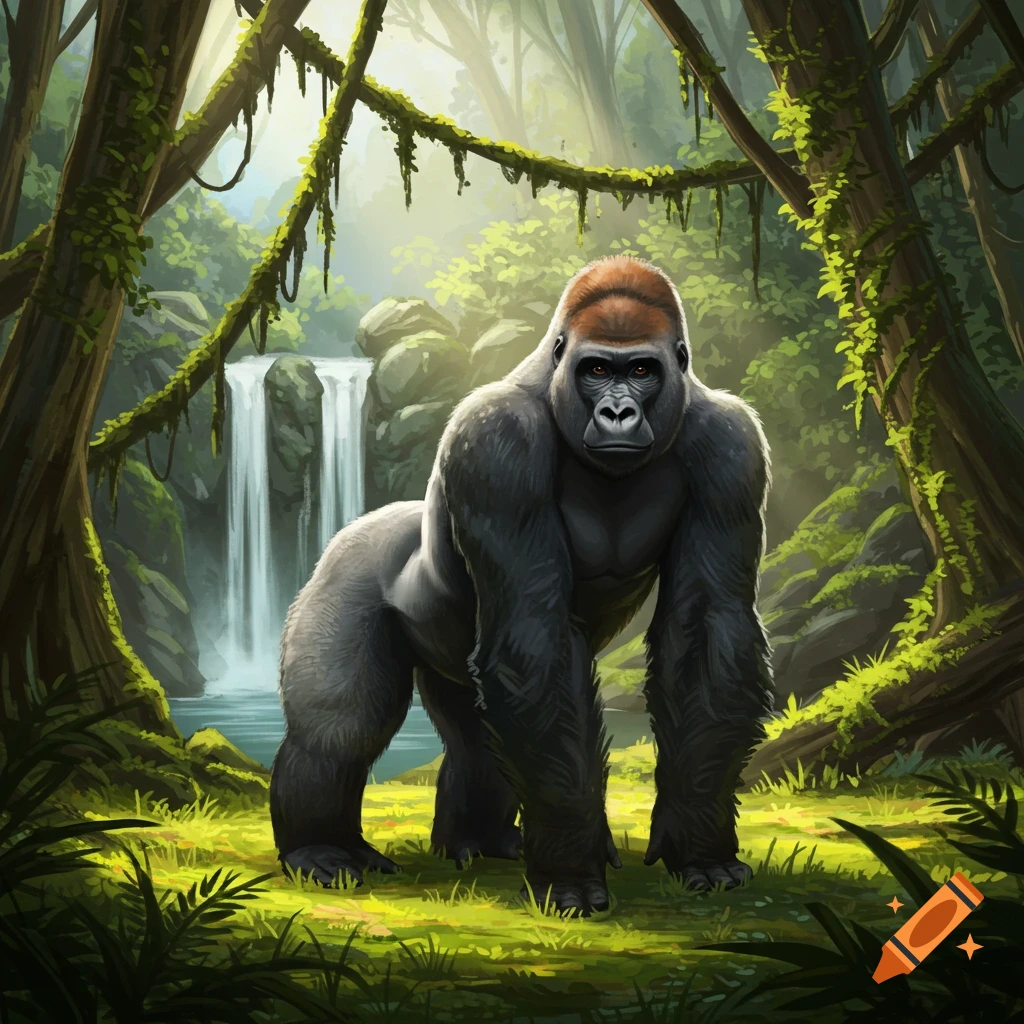A large, gray gorilla stands in a vibrant, lush jungle with a tall waterfall and dense foliage in the background, rendered in a detailed illustration style.