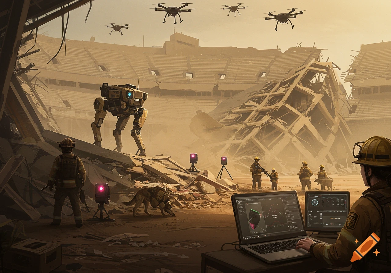 First responders, a quadruped robot, and drones search a destroyed stadium; one person operates laptops.
