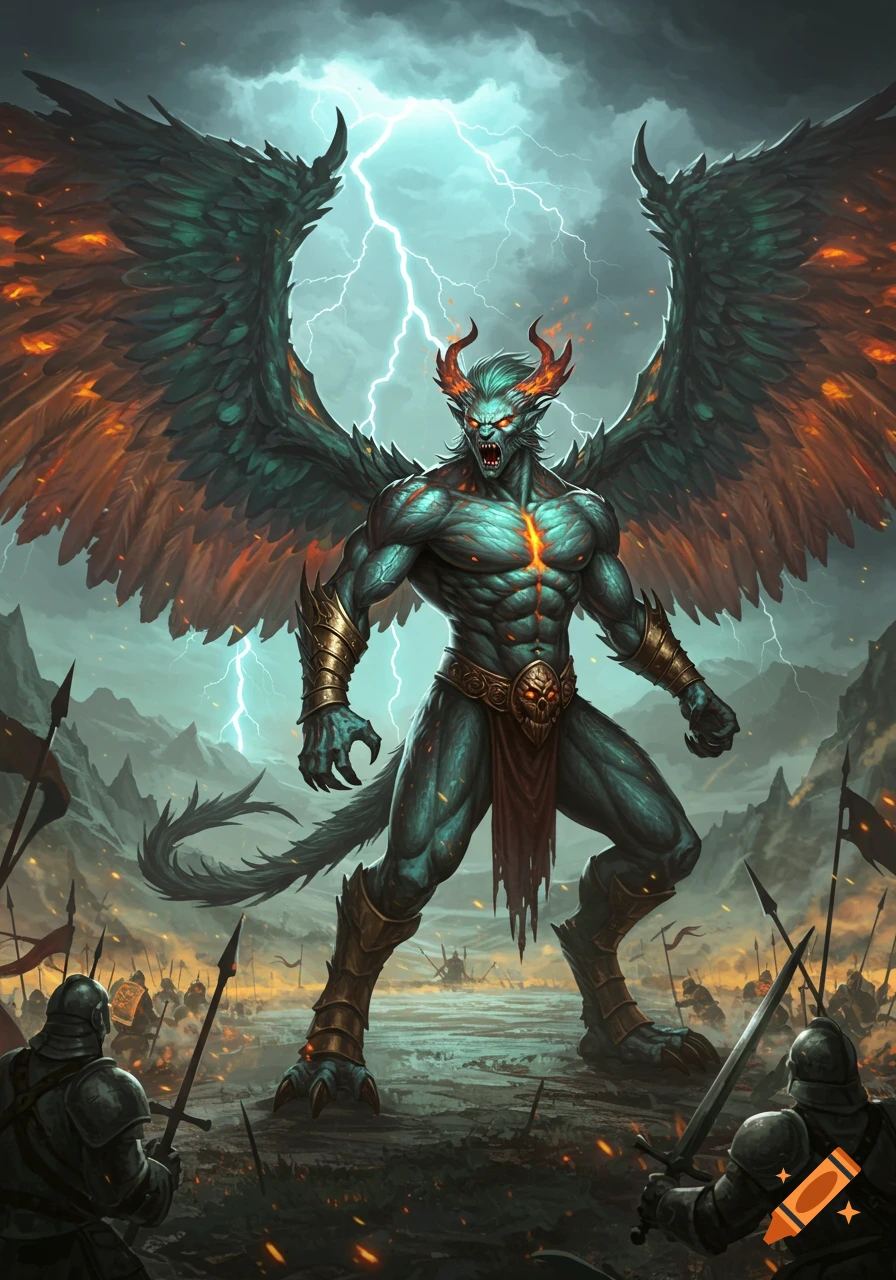 A powerful teal-skinned winged demon with horns stands menacingly on a battlefield under a stormy, lightning-filled sky, facing soldiers.