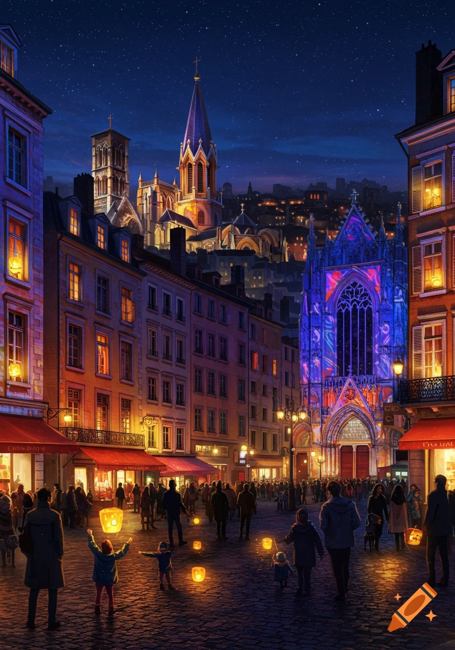 A vibrant night scene in a European city with illuminated historic buildings, two prominent churches, and a crowd on a cobbled street, many holding glowing lanterns under a starry sky.