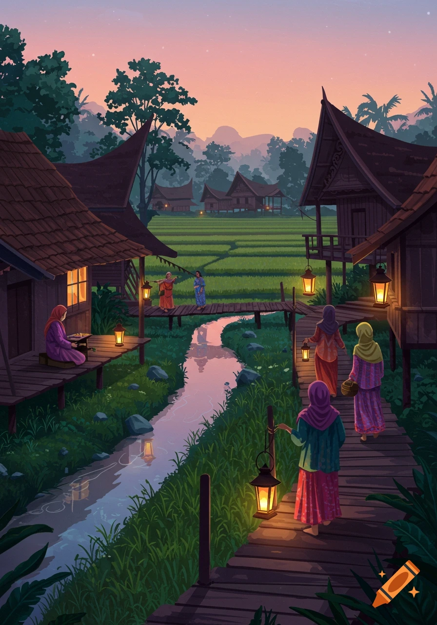 Illustrative scene of people carrying lanterns along a wooden path through a traditional village and rice fields at dawn.