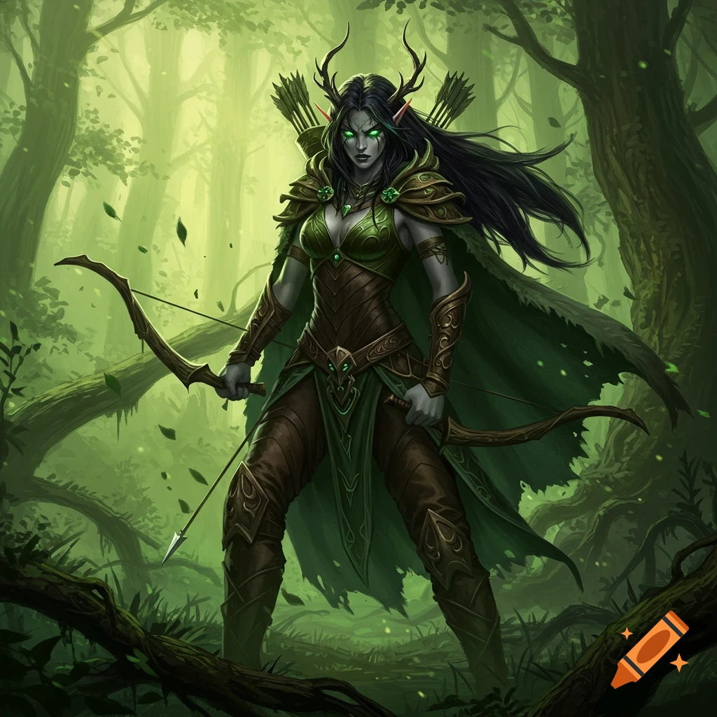 A fierce female forest elf with glowing green eyes and antlers, clad in green and brown armor, holding a bow and arrow, standing in a lush green forest. Digital art.