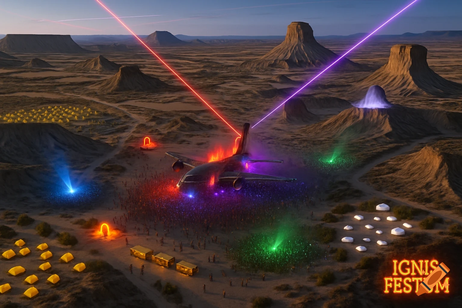 Aerial view of a vibrant, futuristic rave festival in a desert with an airplane, colorful lasers, glowing elements, and crowds.