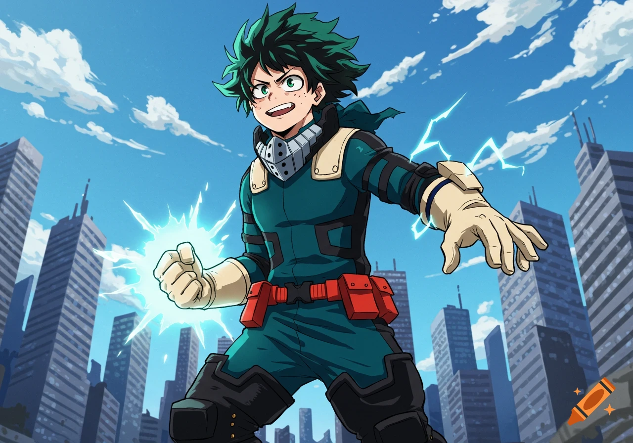 Anime character Izuku Midoriya in his superhero costume, with glowing energy in his fist, stands against a city skyline.