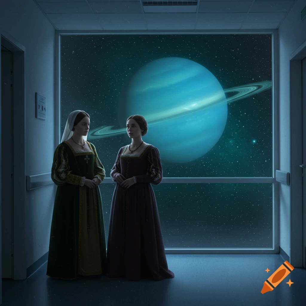 Two women in medieval dresses stand in a hospital corridor looking out a large window at the planet Uranus in space.