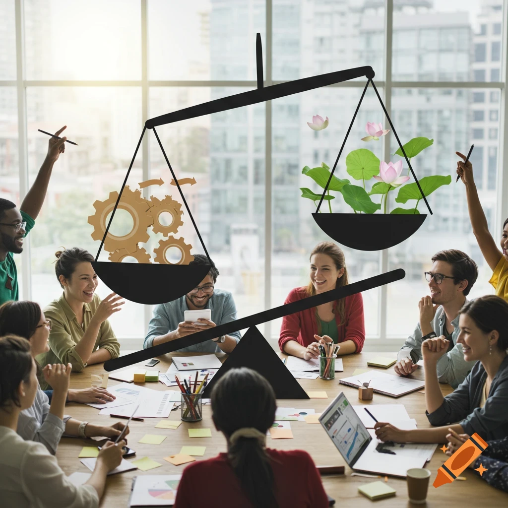 A diverse team collaborates in a bright modern office, with a large balance scale overlaid, showing gears on one side and lotus flowers on the other.