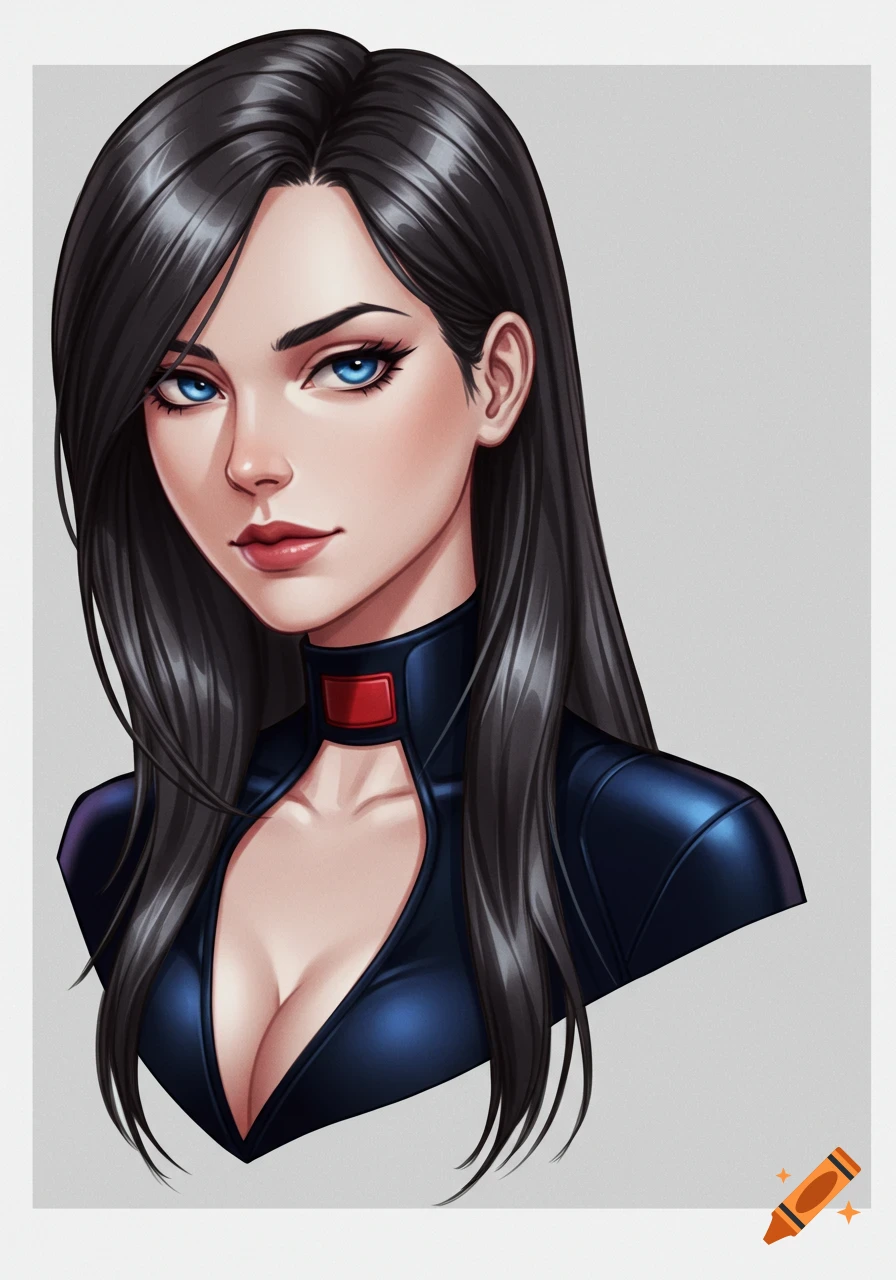 Anime drawing of a beautiful woman with long black hair, blue eyes, wearing a dark blue suit with a red collar.