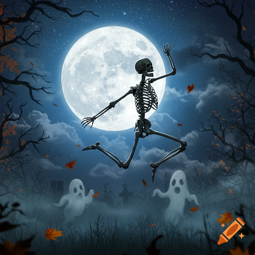 A skeleton jumps under a huge full moon in a foggy, dark forest with flying autumn leaves, dead trees, and two cartoon ghosts.