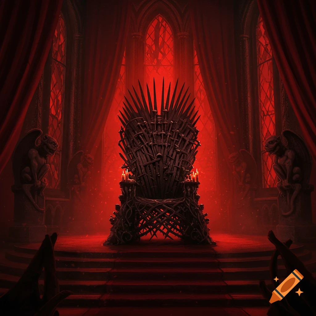 An ominous throne of swords in a dark, gothic throne room with red lighting, flanked by stone gargoyles.