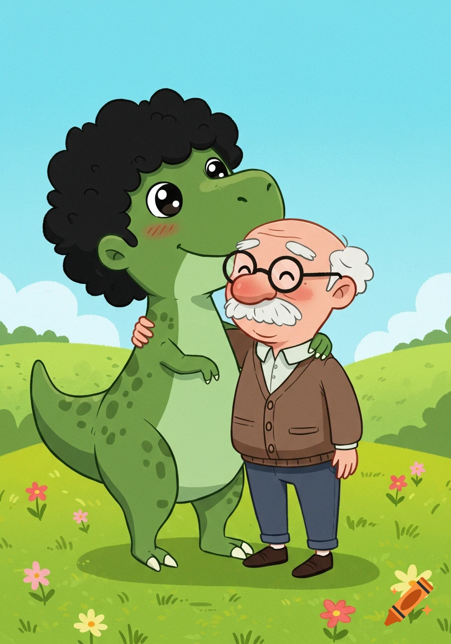 A cute green cartoon dinosaur with black curly hair hugs a grandpa with white hair in a field with flowers.
