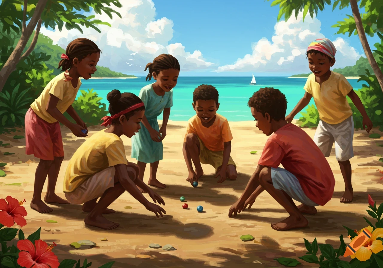 Vibrant illustration of Caribbean children playing marbles on a sandy path, with lush tropical plants and ocean in the background.