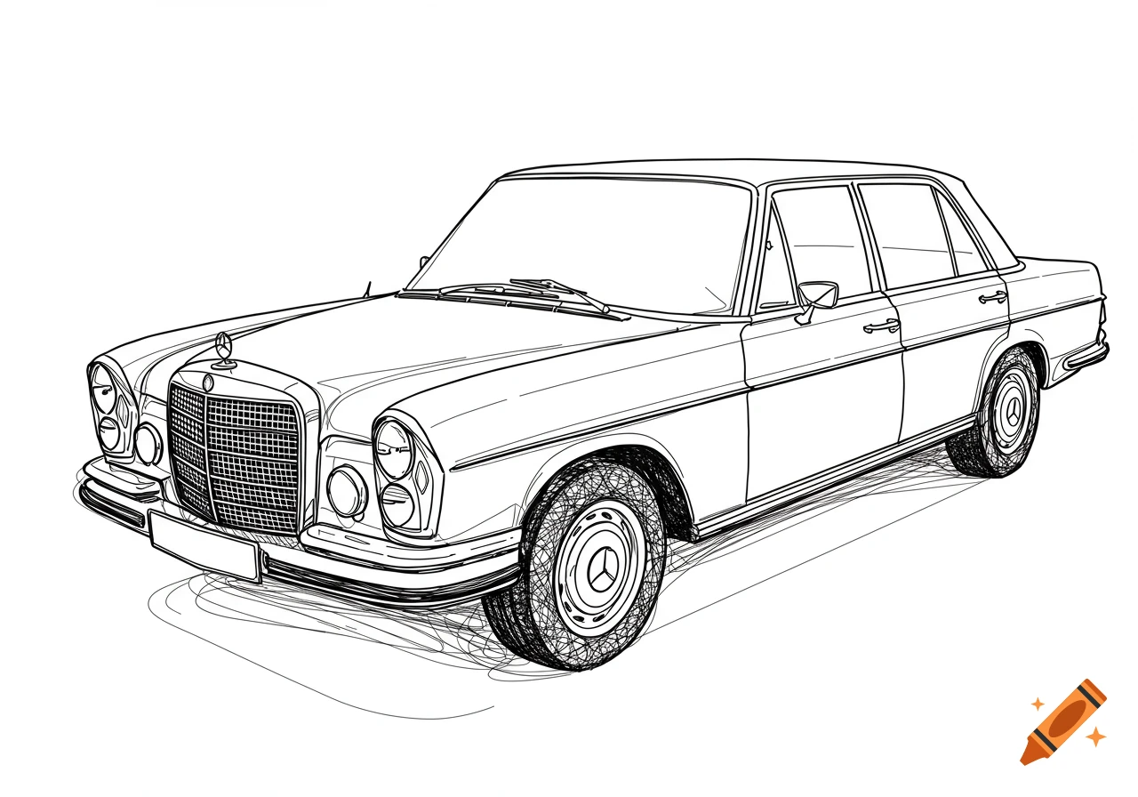 A black and white line drawing of a vintage Mercedes-Benz W111 S-Class sedan, viewed from the driver's side, with abstracted, scattered lines for detail and ground shading.