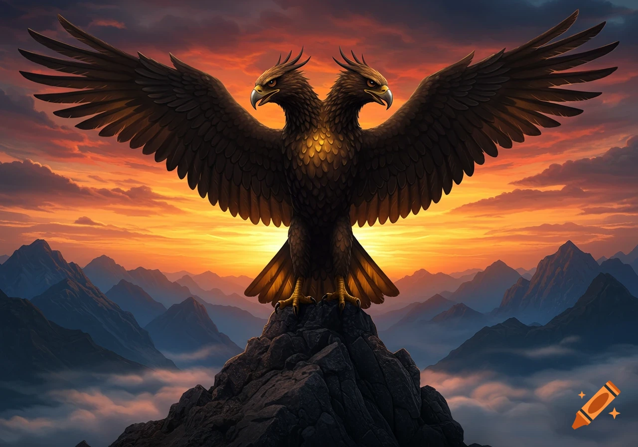 A majestic double-headed eagle with outstretched wings perches on a mountain peak against a vibrant sunset sky.