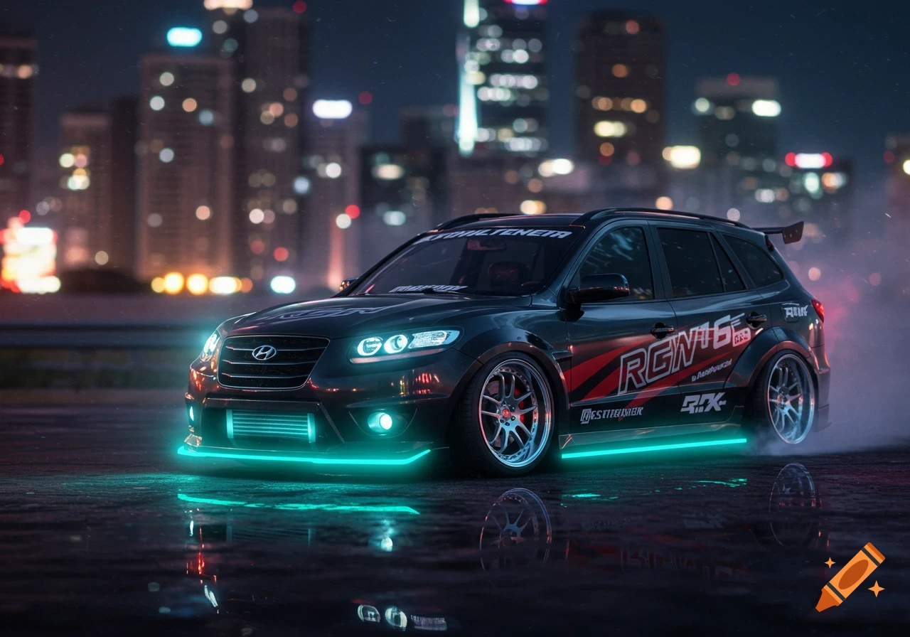A customized black Hyundai Santa Fe SUV with neon teal underglow and racing decals on a wet city street at night.